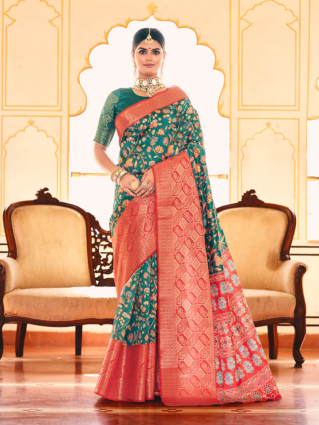 Teal Blue & Red Woven Silk Designer Saree