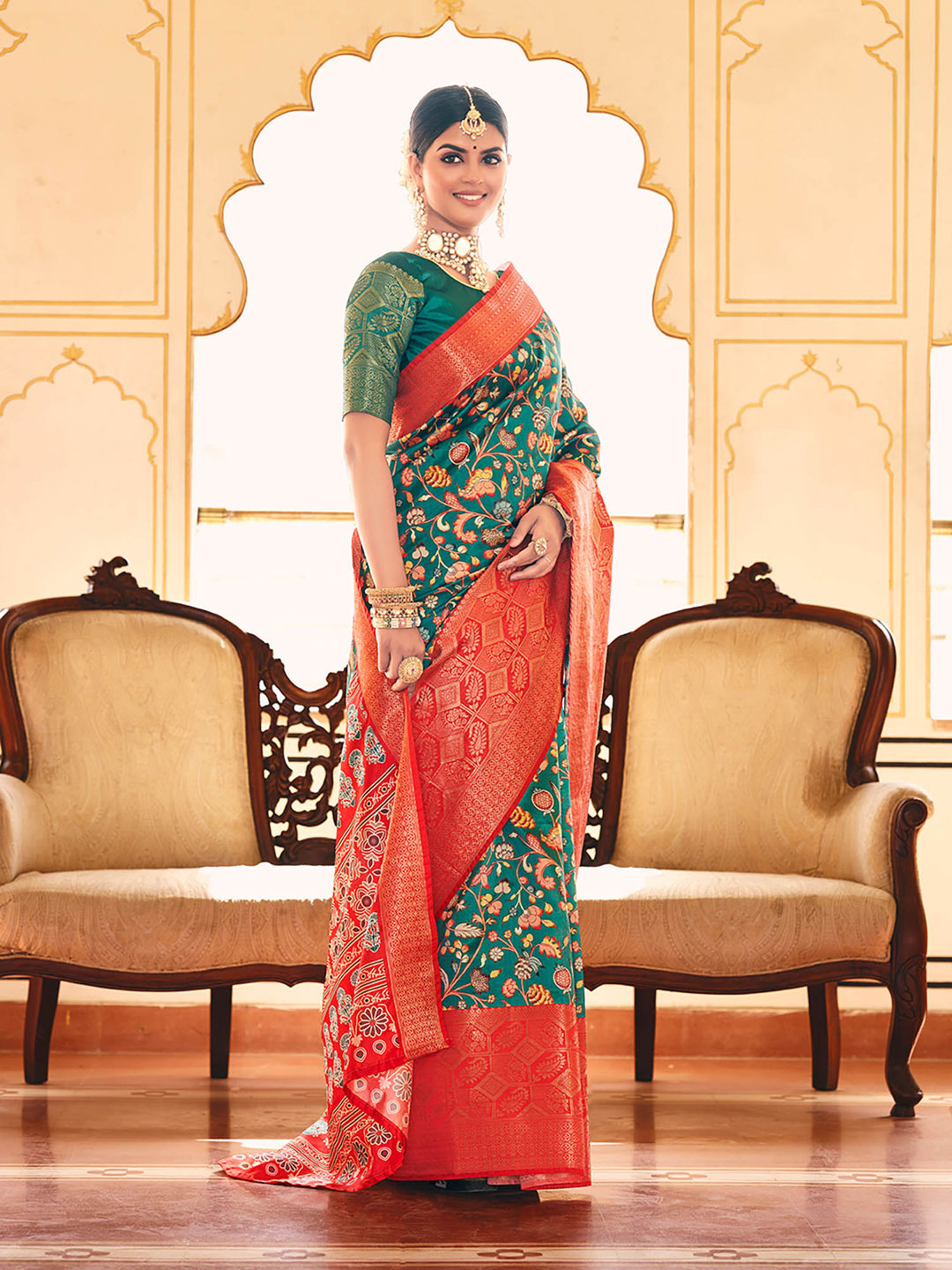 Teal Blue & Red Woven Silk Designer Saree