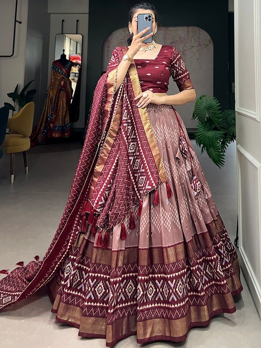 Maroon Silk Digital Printed Navratri Wear Lehenga Choli