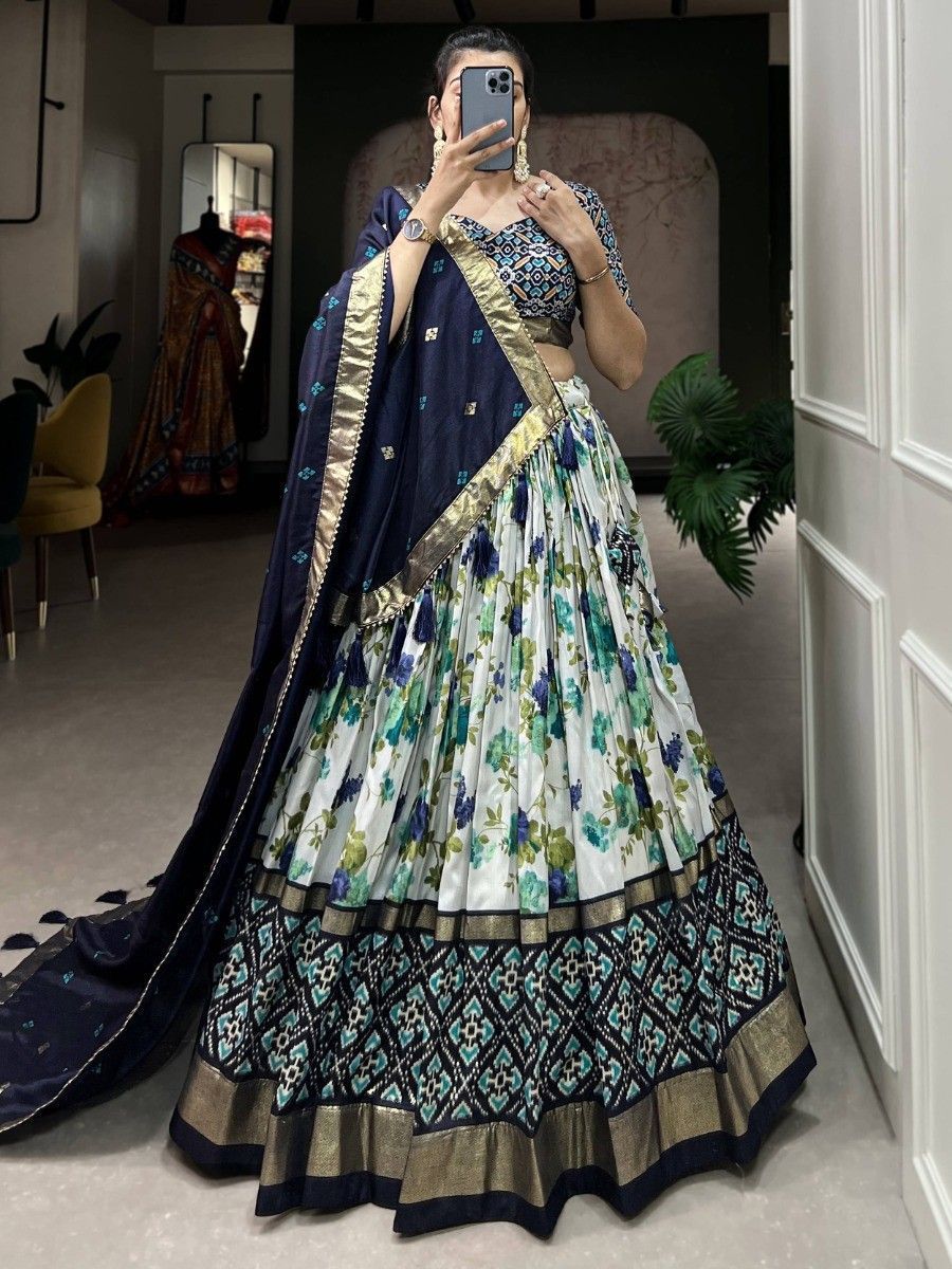 Navy Blue Silk Floral Printed Navratri Wear Lehenga Choli