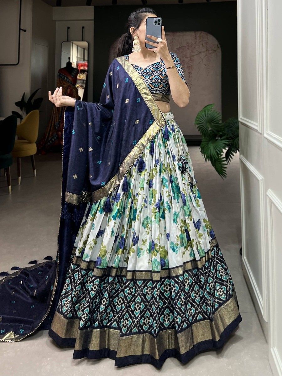 Navy Blue Silk Floral Printed Navratri Wear Lehenga Choli