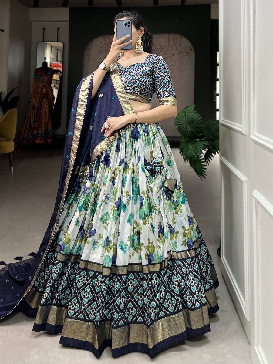 Navy Blue Silk Floral Printed Navratri Wear Lehenga Choli