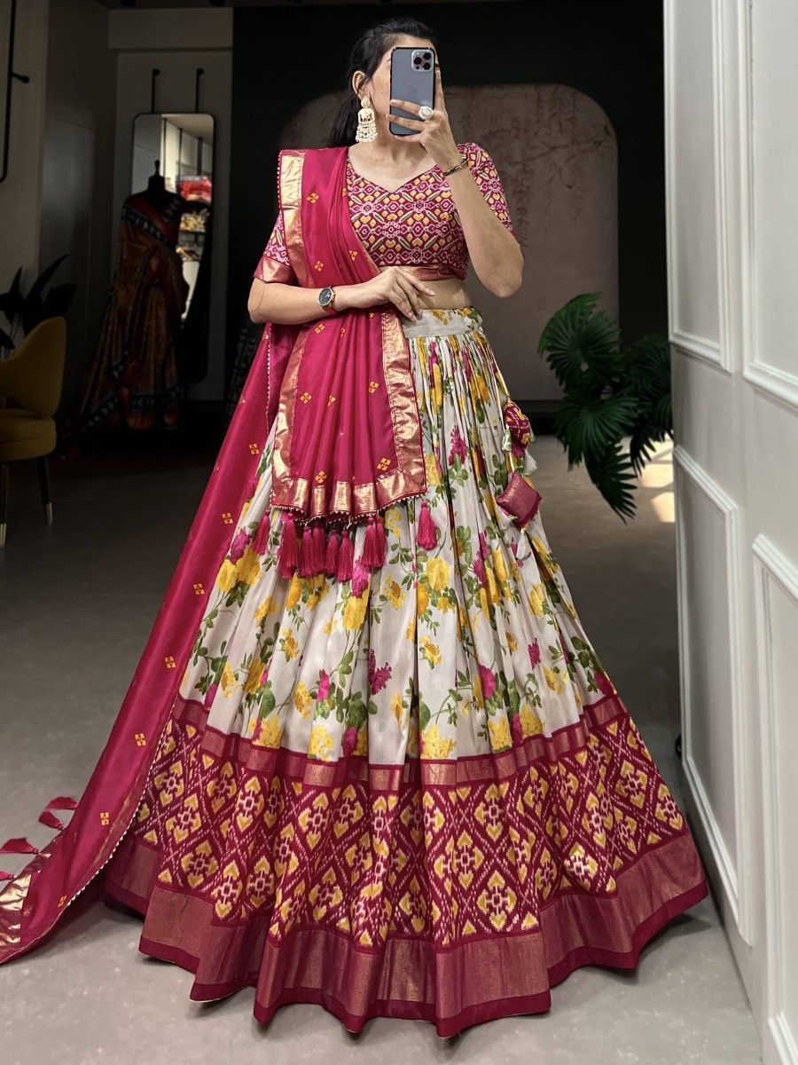 Pink Silk Floral Printed Navratri Wear Lehenga Choli