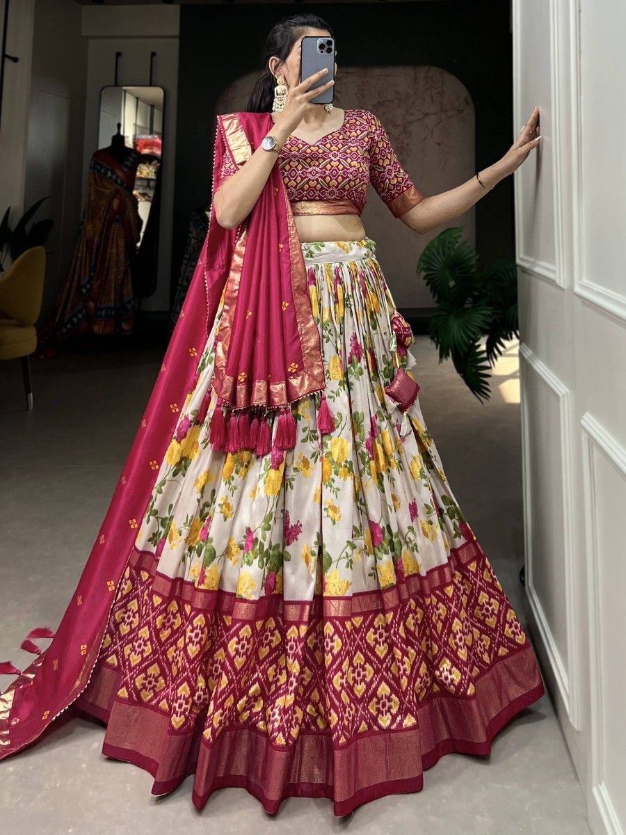 Pink Silk Floral Printed Navratri Wear Lehenga Choli