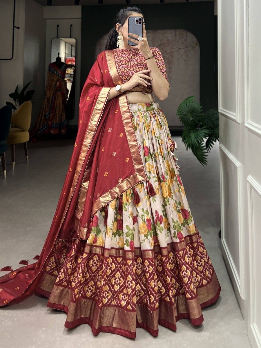 Red Silk Floral Printed Navratri Wear Lehenga Choli