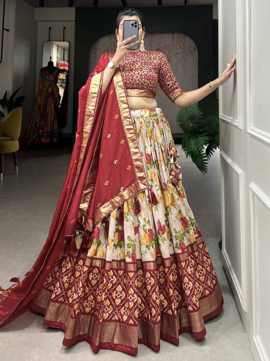 Red Silk Floral Printed Navratri Wear Lehenga Choli