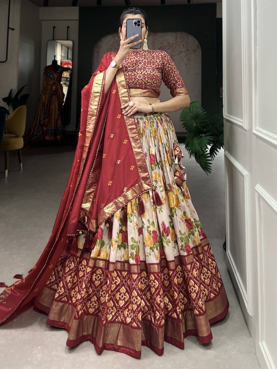 Red Silk Floral Printed Navratri Wear Lehenga Choli