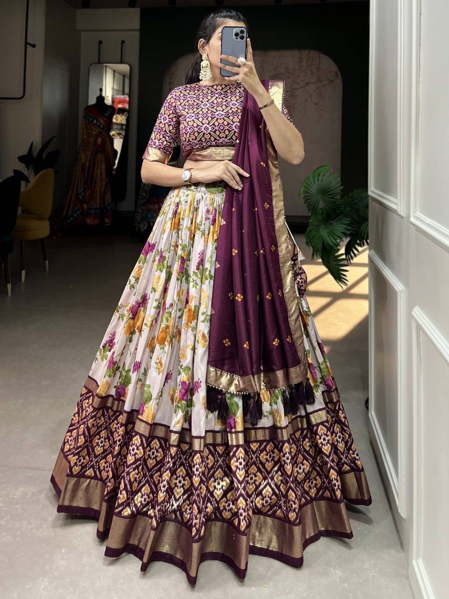 Wine Silk Floral Printed Navratri Wear Lehenga Choli