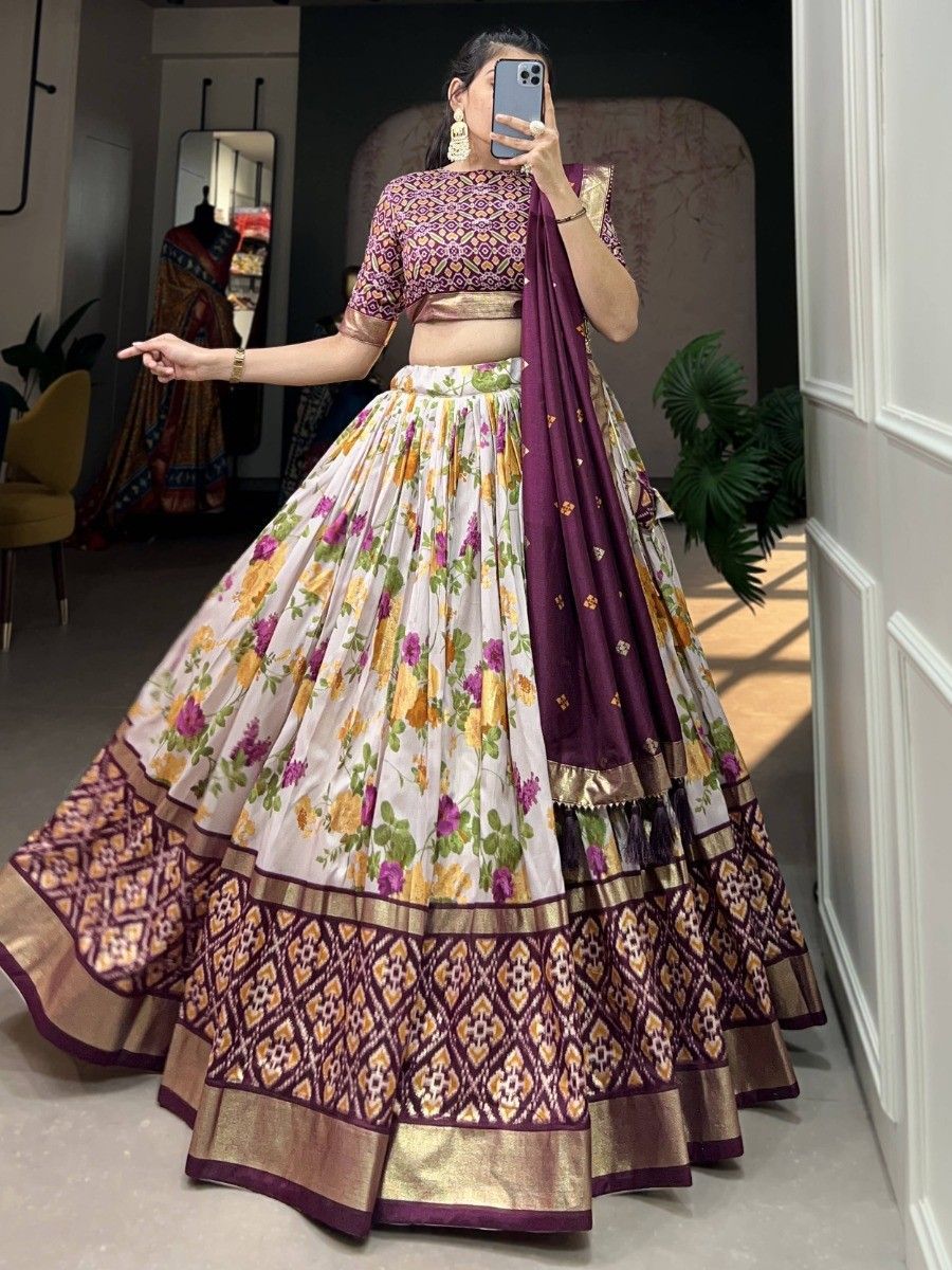 Wine Silk Floral Printed Navratri Wear Lehenga Choli