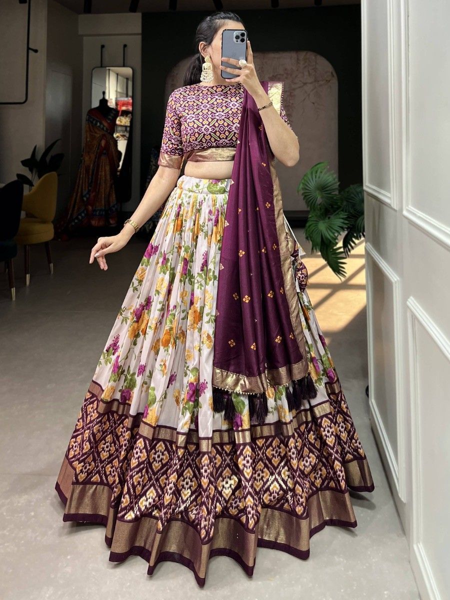 Wine Silk Floral Printed Navratri Wear Lehenga Choli