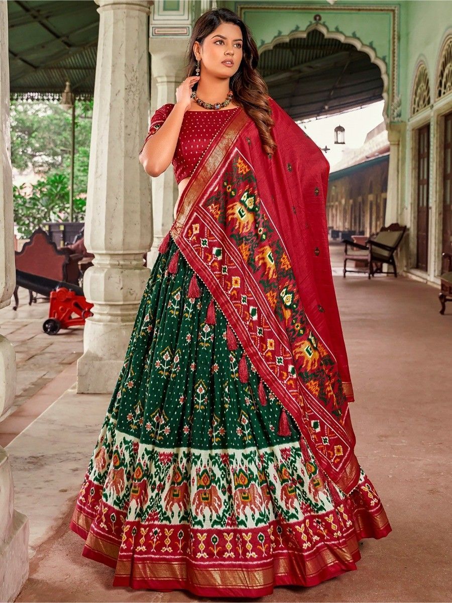 Navratri Wear Green Silk Patola Printed Lehenga Choli