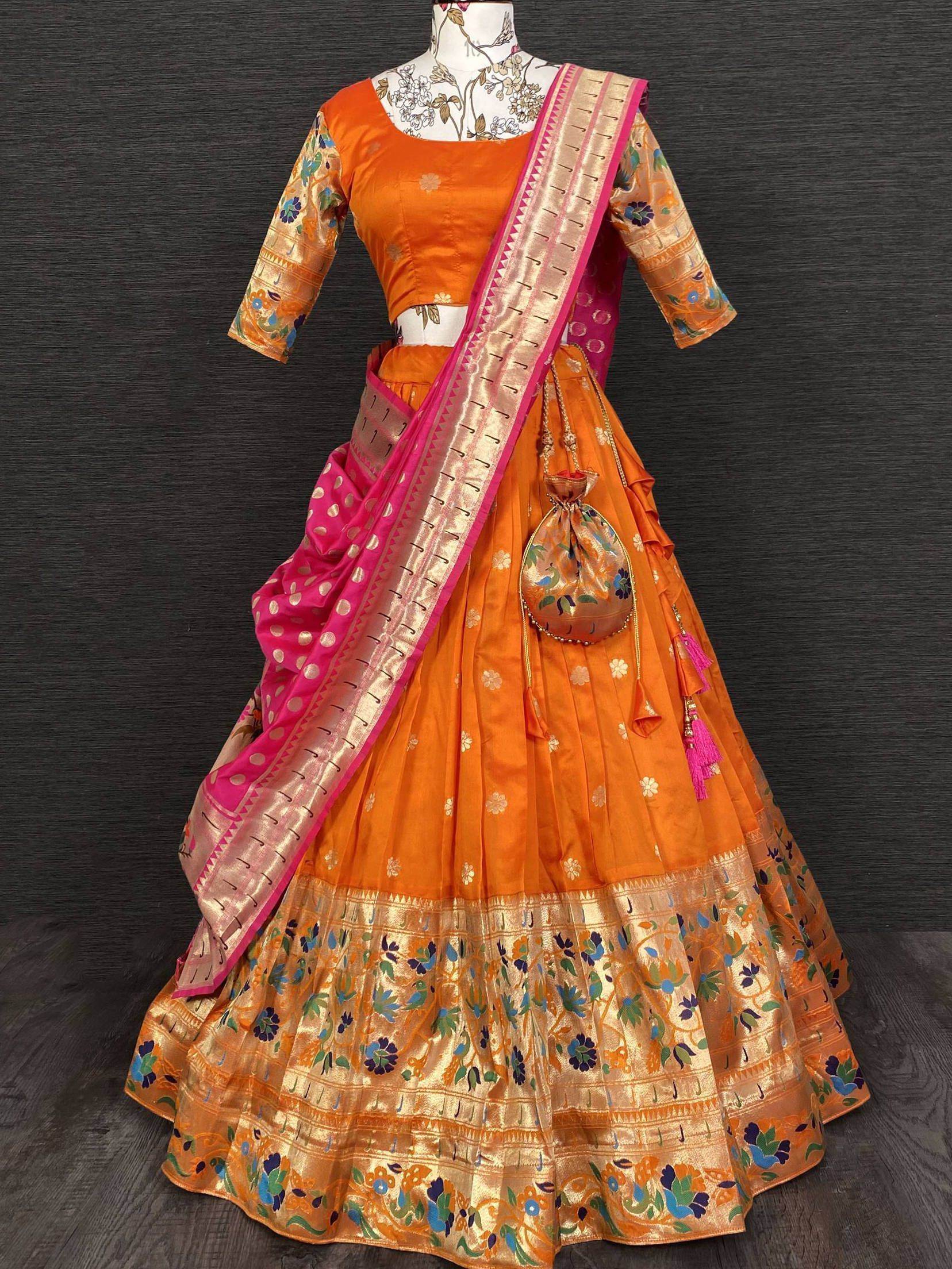 Orange & Pink Woven Jacquard Silk Lehenga Choli