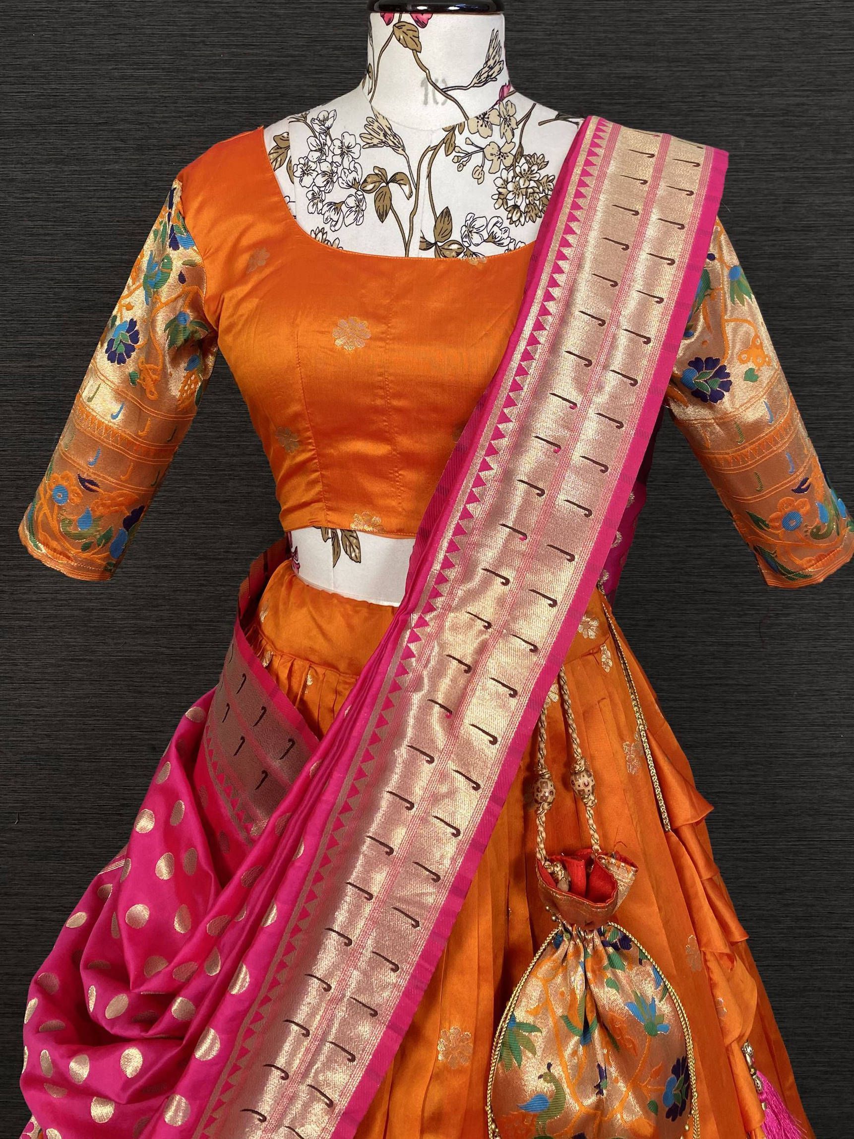 Orange & Pink Woven Jacquard Silk Lehenga Choli