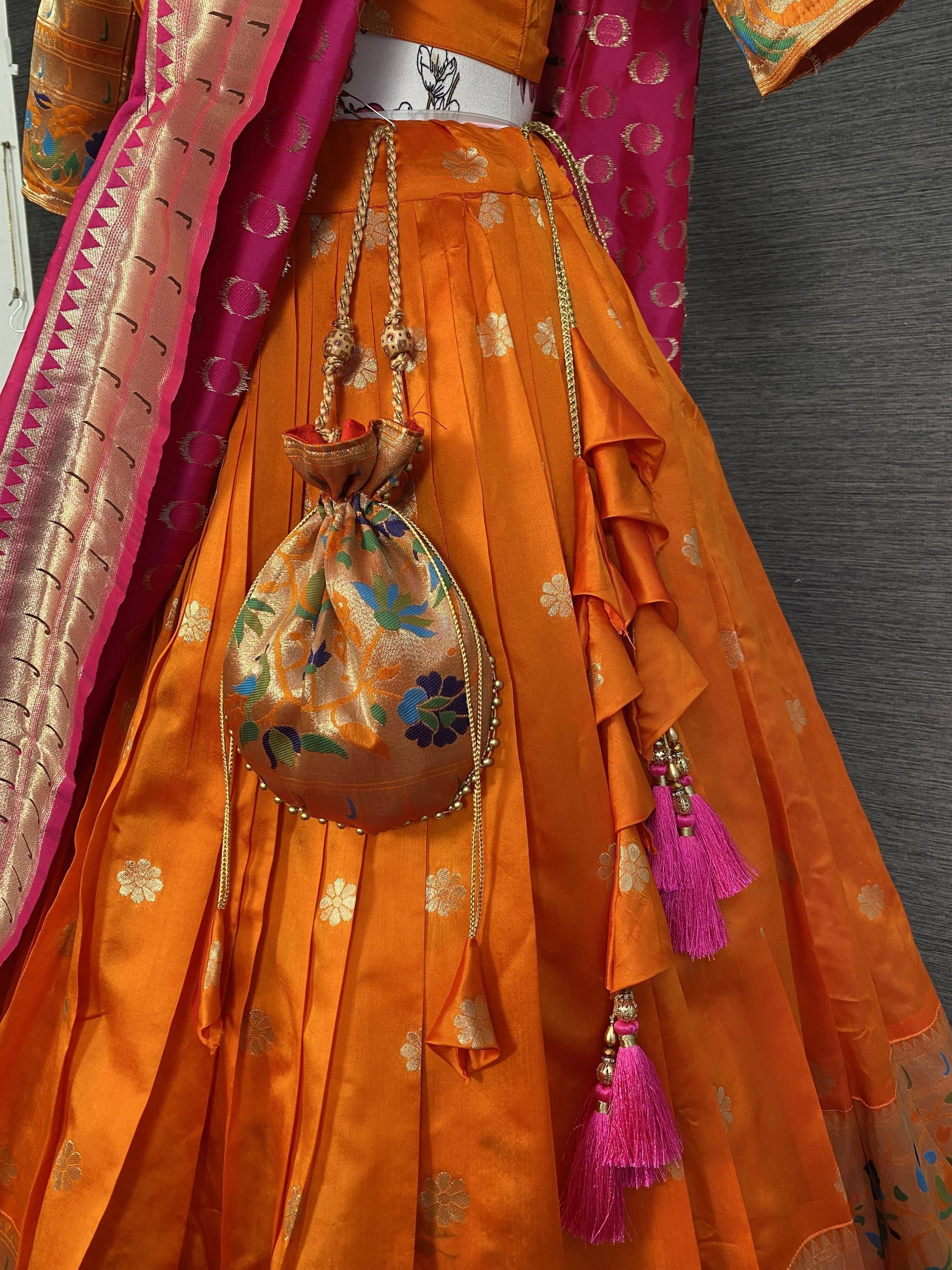 Orange & Pink Woven Jacquard Silk Lehenga Choli