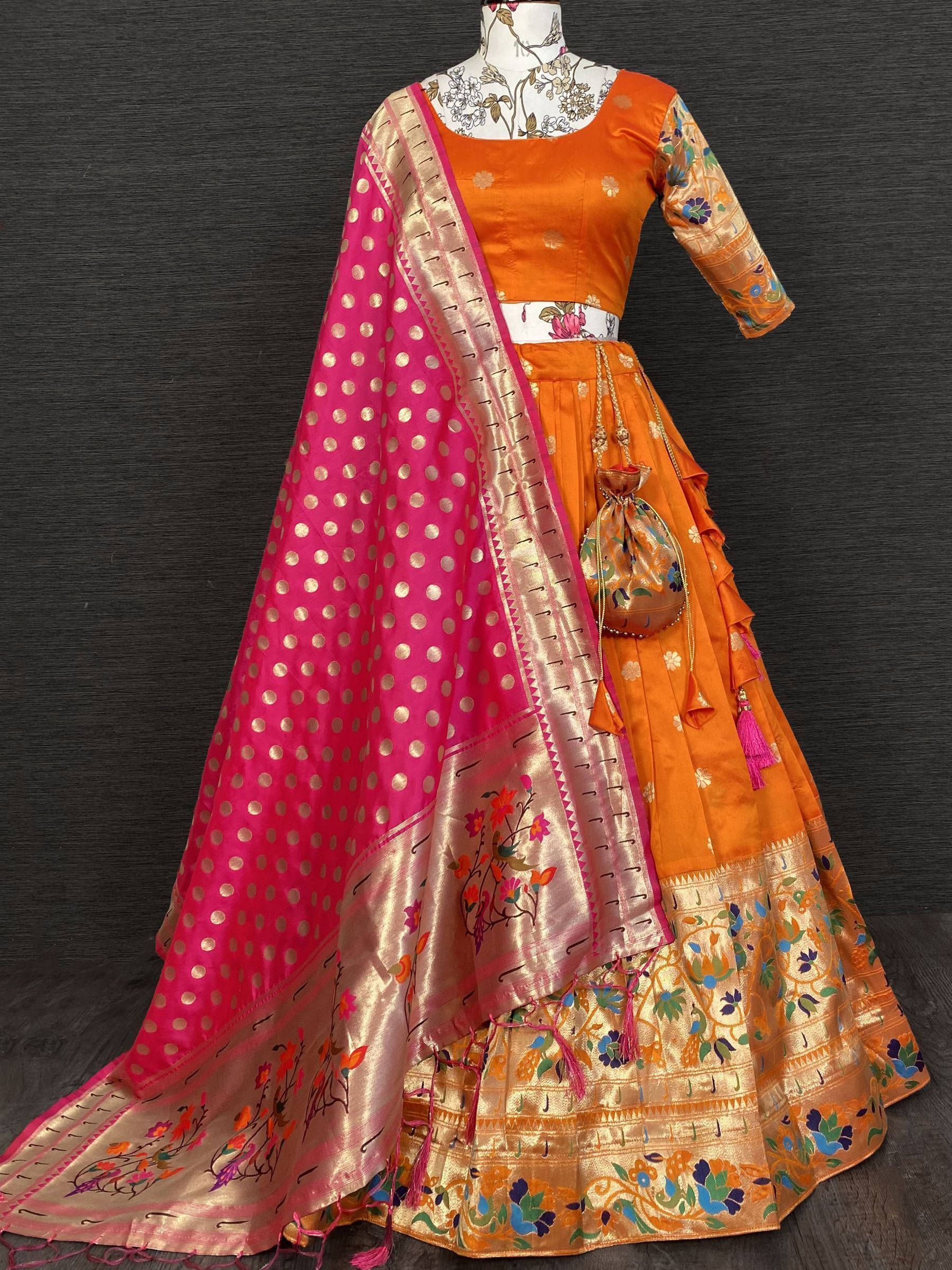 Orange & Pink Woven Jacquard Silk Lehenga Choli