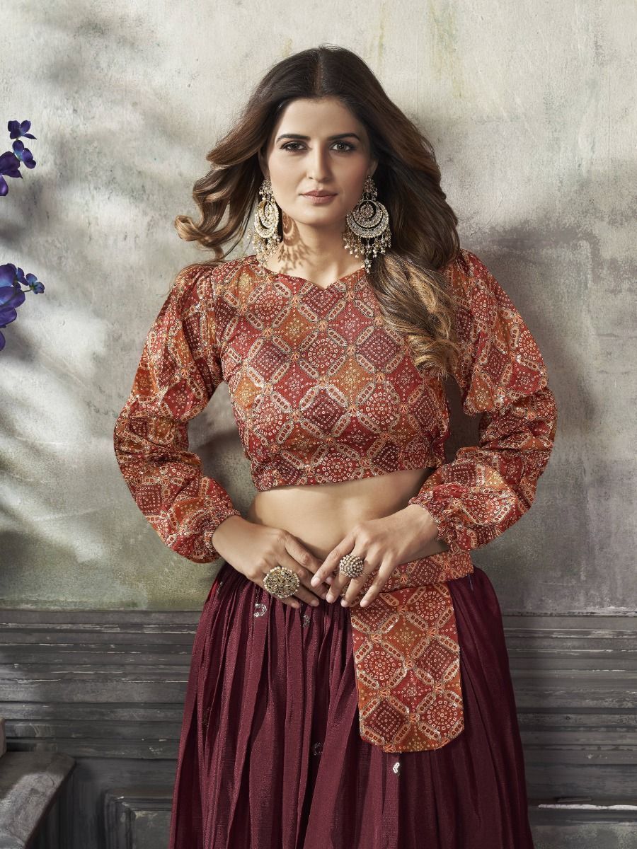 Maroon Ready-to-Wear Silk Navratri Crop Top Lehenga