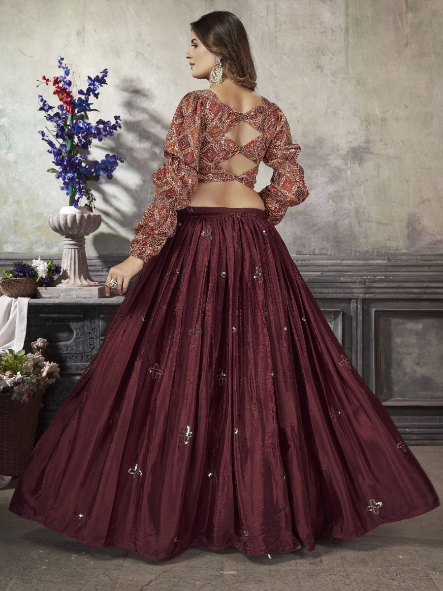 Maroon Ready-to-Wear Silk Navratri Crop Top Lehenga