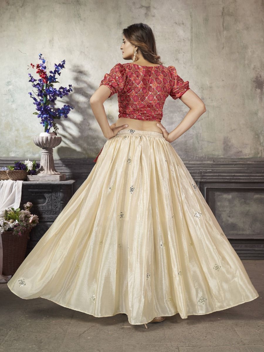 Off White & Red Ready-to-Wear Silk Navratri Crop Top Lehenga