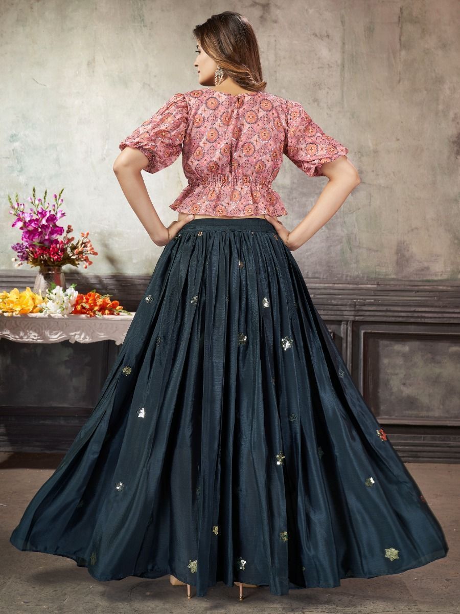 Navy Blue & Pink Ready-to-Wear Silk Navratri Crop Top Lehenga