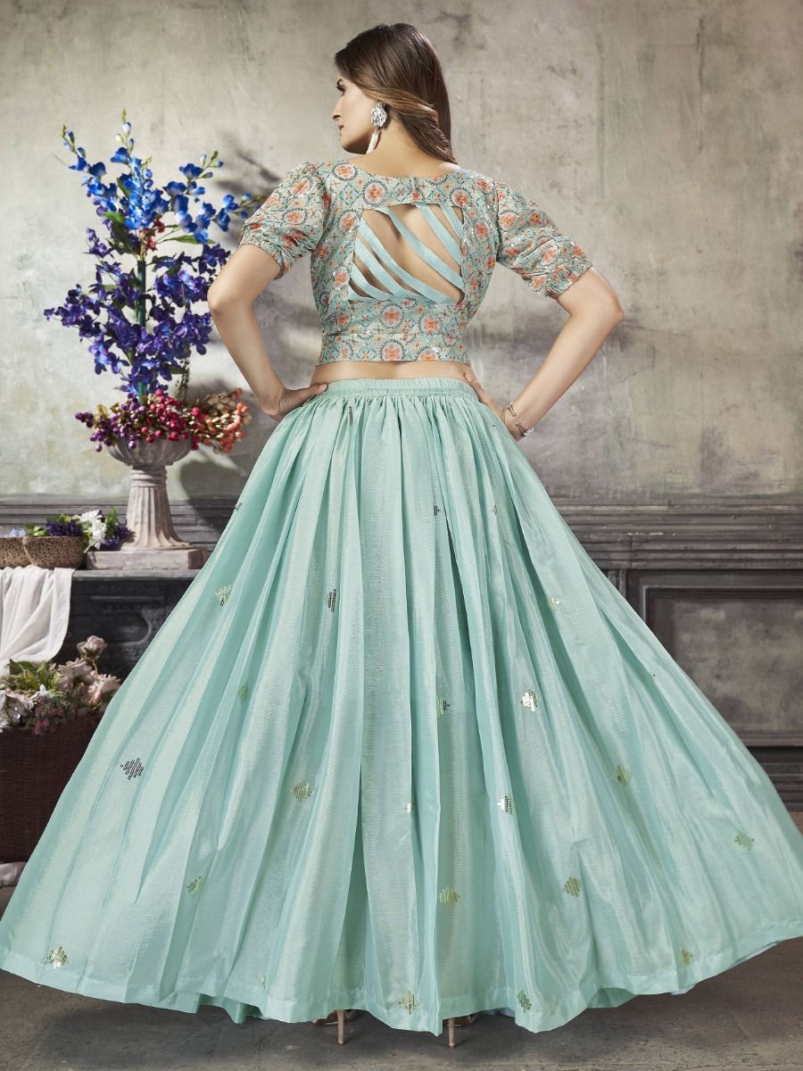 Sea Green Ready-to-Wear Silk Navratri Crop Top Lehenga