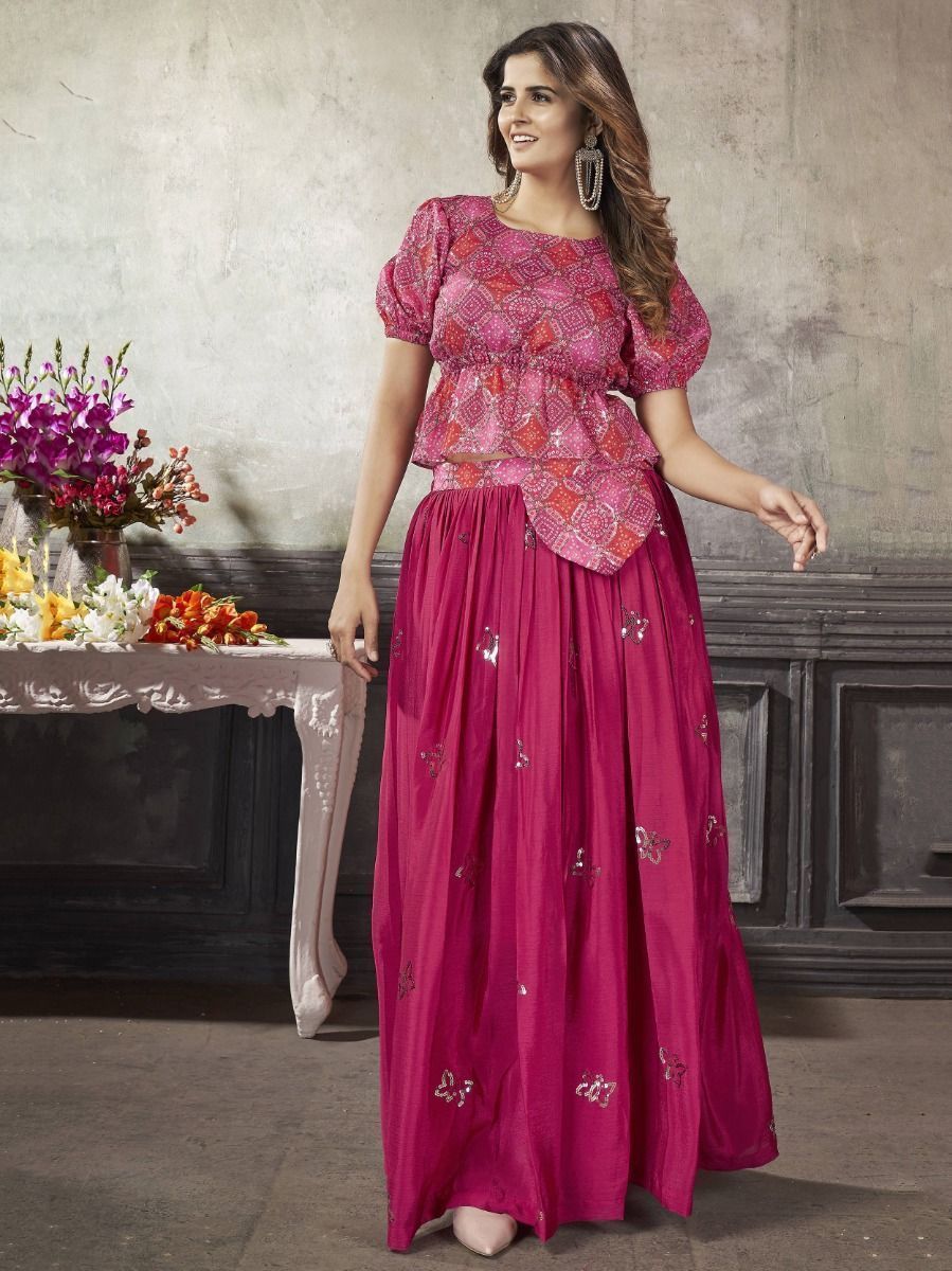 Pink Ready-to-Wear Silk Navratri Crop Top Lehenga