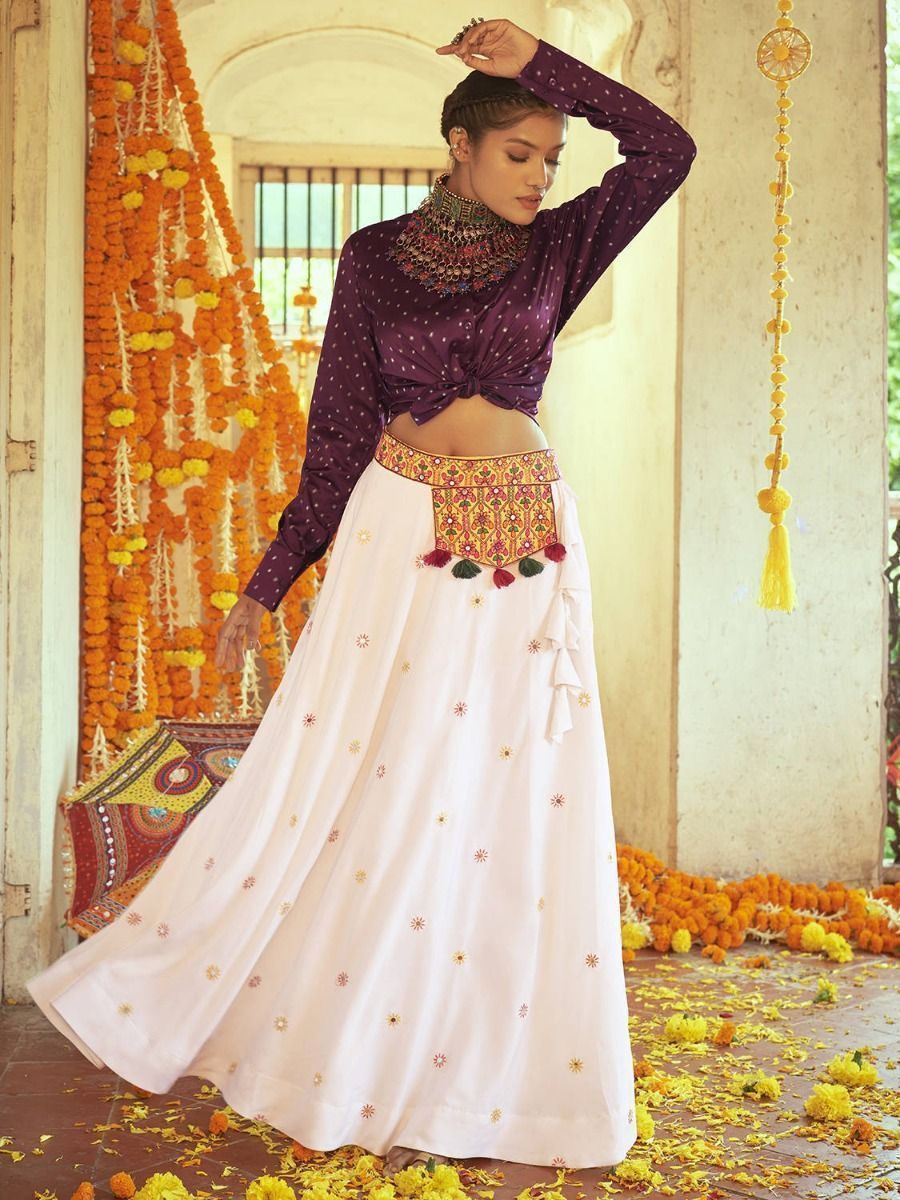 White & Purple Embroidered Cotton Navratri Crop Top Lehenga