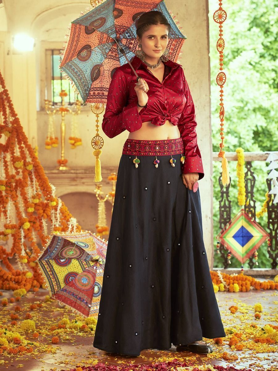 Black & Red Embroidered Cotton Navratri Crop Top Lehenga