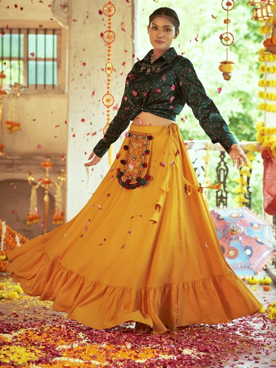 Yellow & Green Embroidered Cotton Navratri Crop Top Lehenga