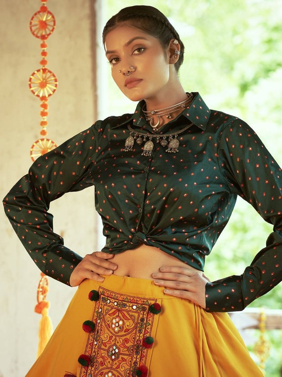 Yellow & Green Embroidered Cotton Navratri Crop Top Lehenga