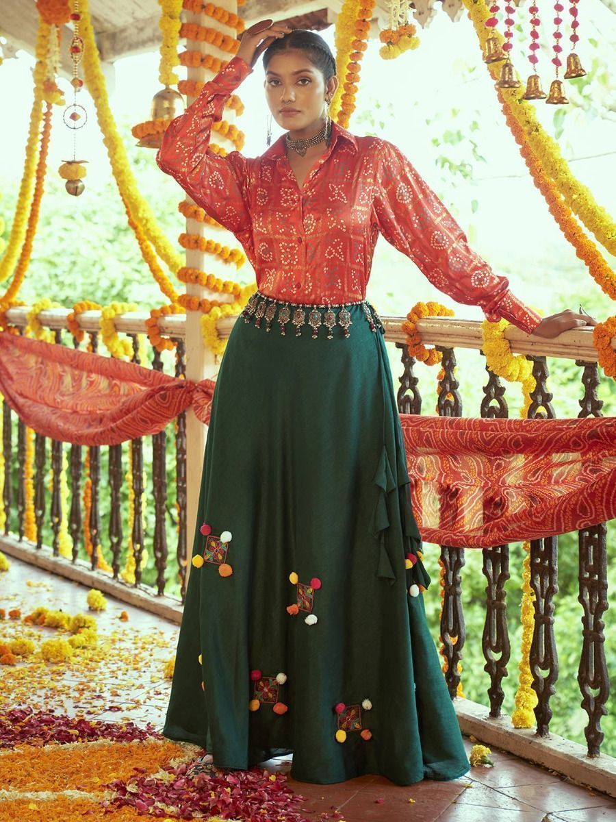 Green & Red Embroidered Cotton Navratri Crop Top Lehenga