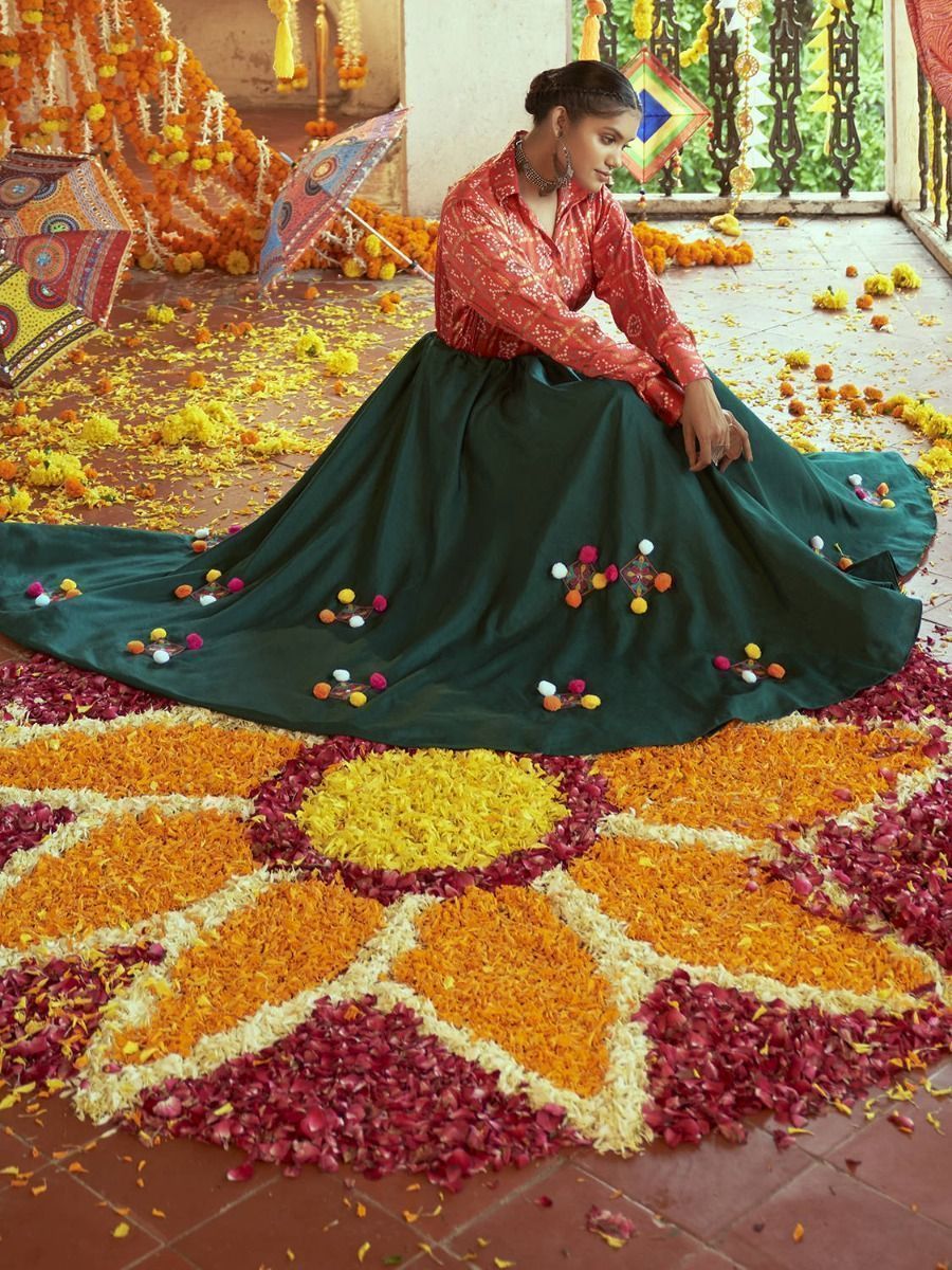 Green & Red Embroidered Cotton Navratri Crop Top Lehenga