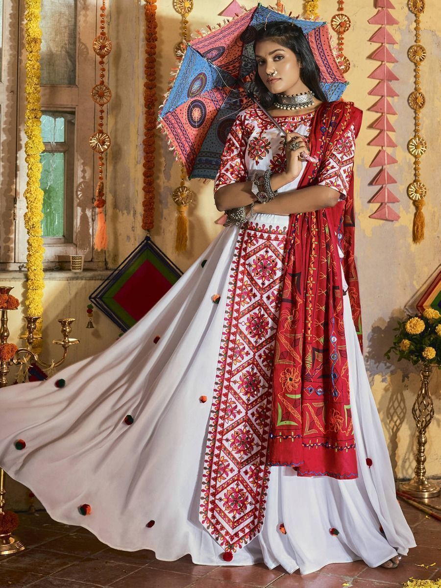 White & Red Embroidered Cotton Navratri Wear Lehenga Choli