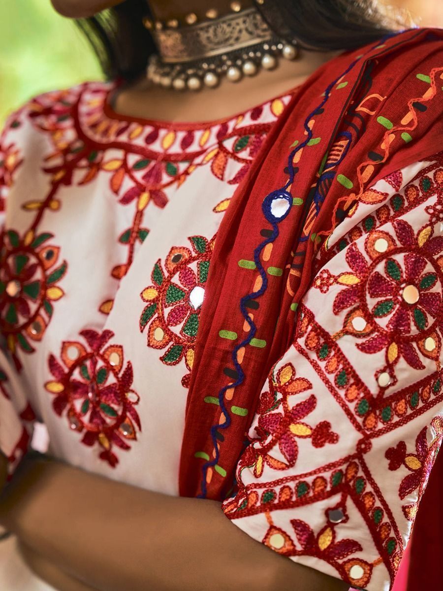 White & Red Embroidered Cotton Navratri Wear Lehenga Choli