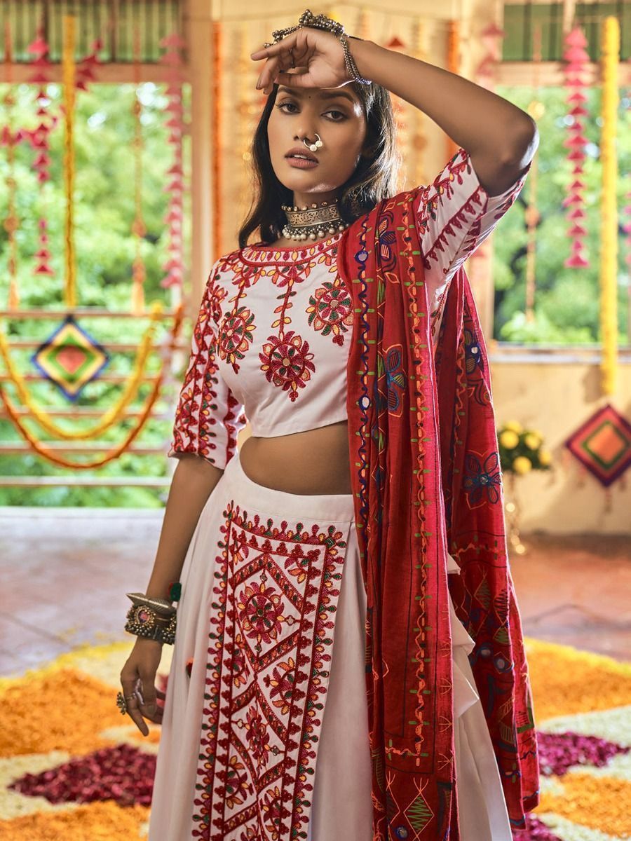 White & Red Embroidered Cotton Navratri Wear Lehenga Choli