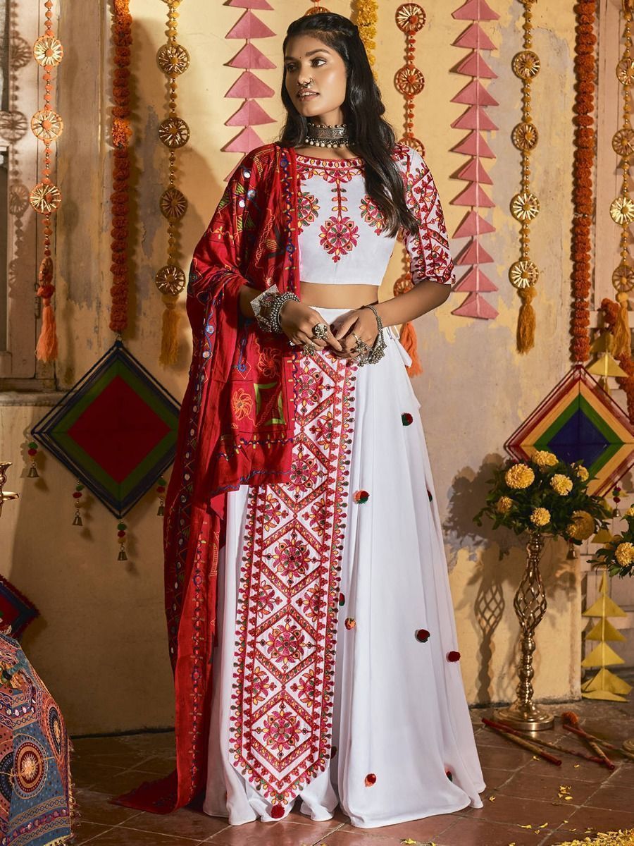 White & Red Embroidered Cotton Navratri Wear Lehenga Choli