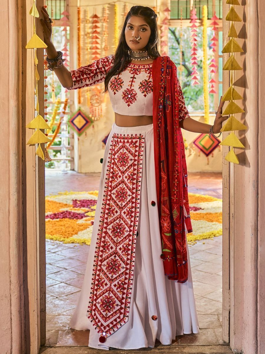 White & Red Embroidered Cotton Navratri Wear Lehenga Choli