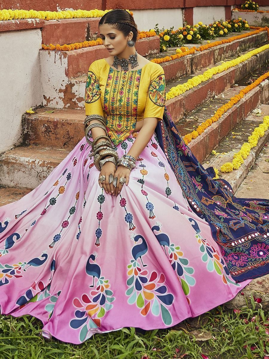 Pink & Multi Embroidered Cotton Navratri Wear Lehenga Choli