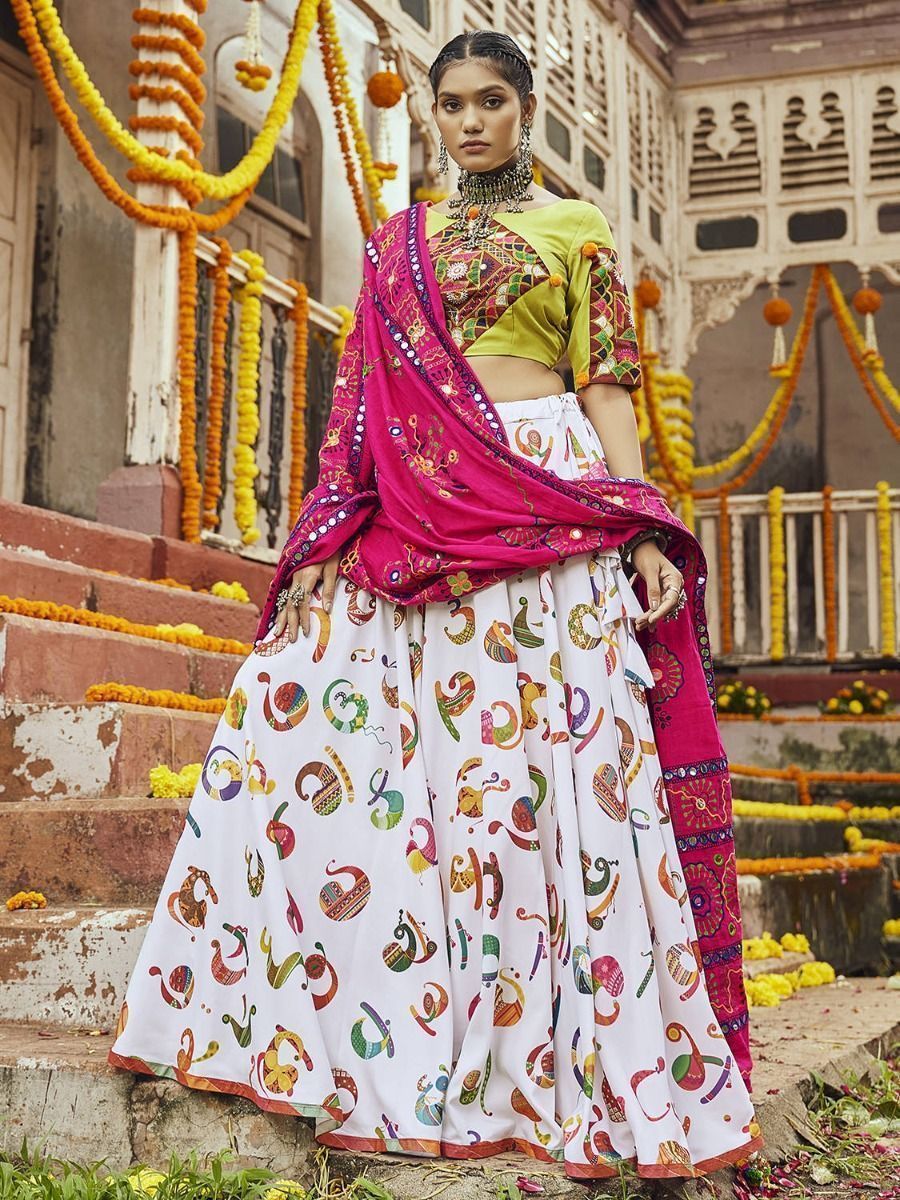 White & Multi Embroidered Cotton Navratri Wear Lehenga Choli