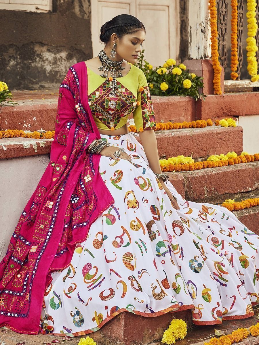 White & Multi Embroidered Cotton Navratri Wear Lehenga Choli