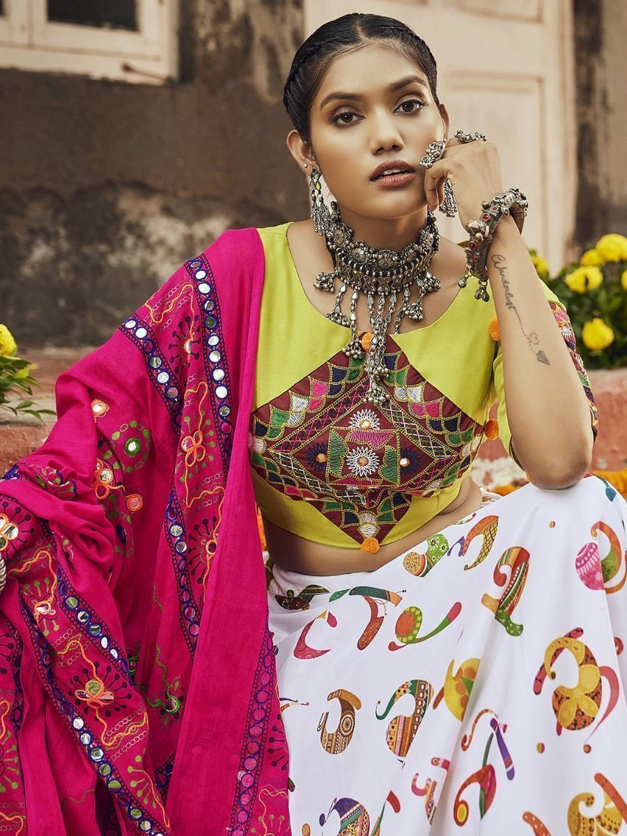 White & Multi Embroidered Cotton Navratri Wear Lehenga Choli