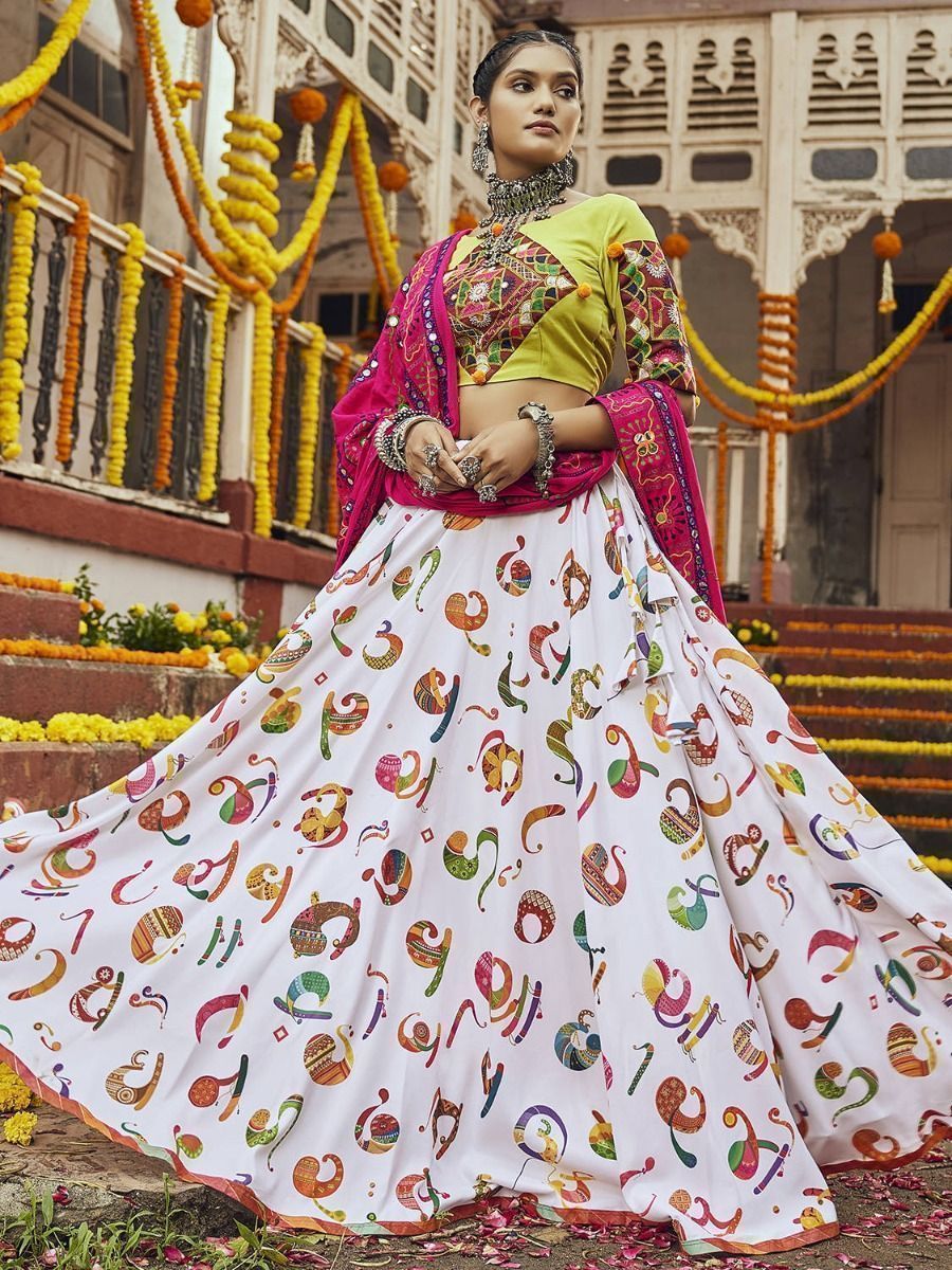 White & Multi Embroidered Cotton Navratri Wear Lehenga Choli