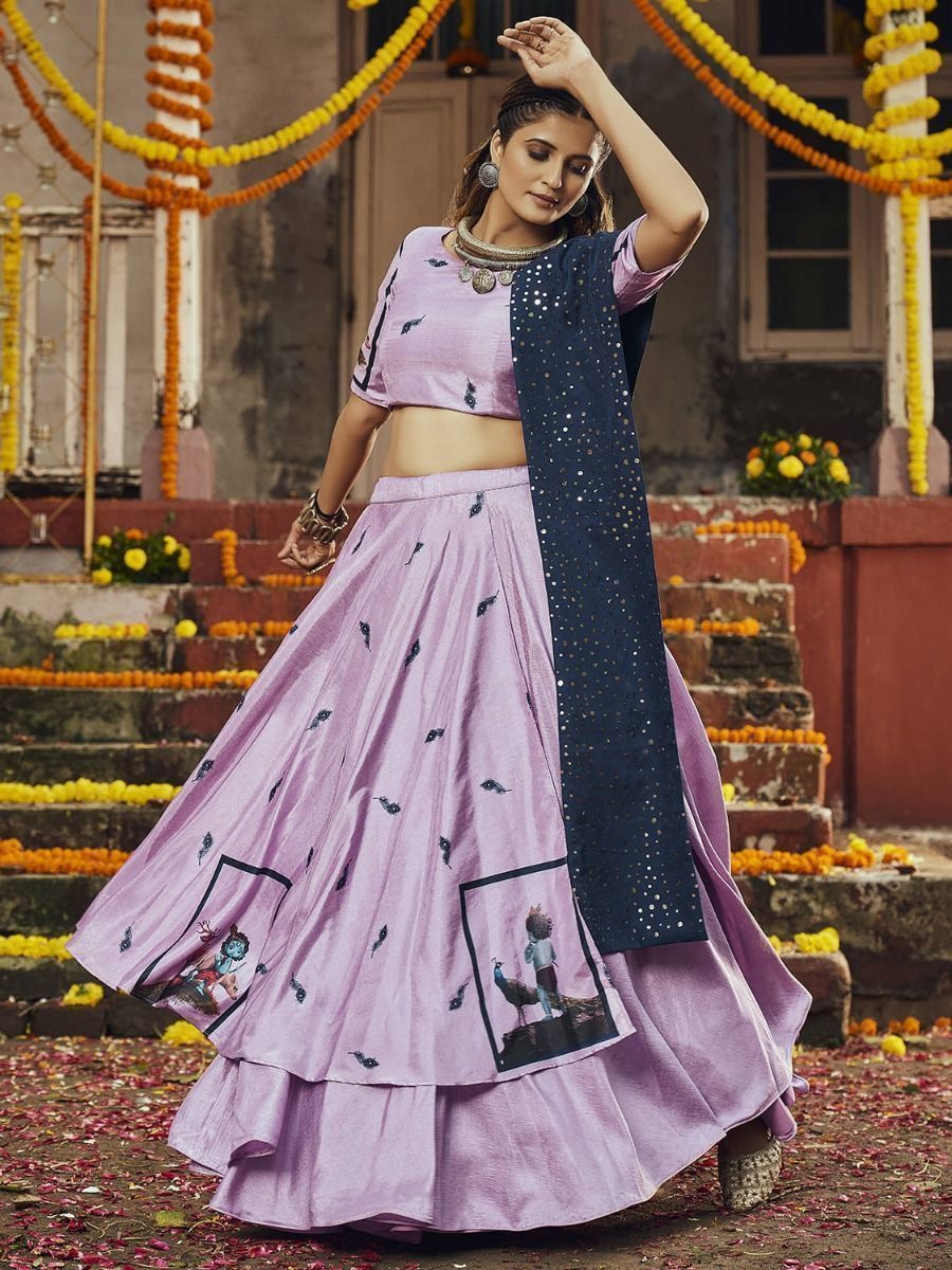 Light Purple Embroidered Silk Navratri Wear Lehenga Choli