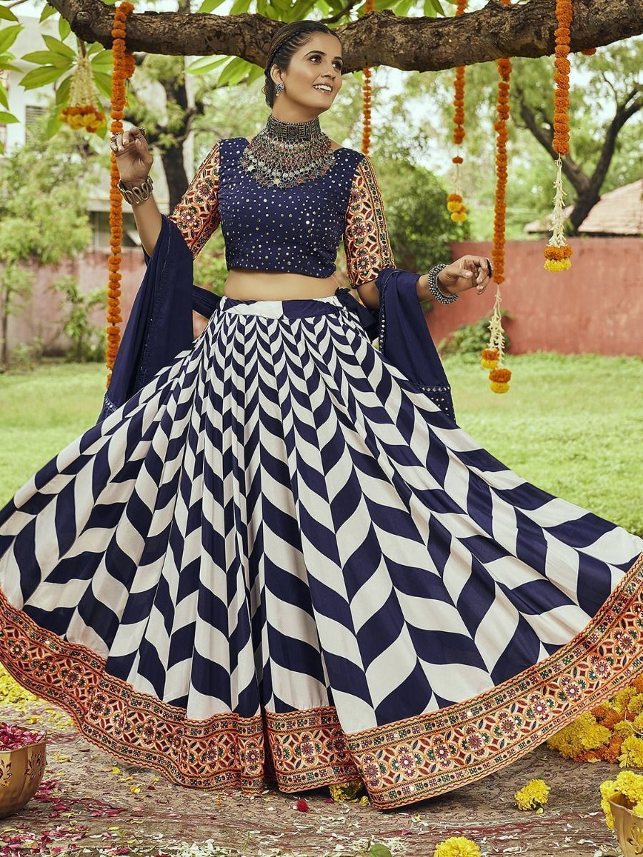 Navy Blue Embroidered Cotton Navratri Wear Lehenga Choli