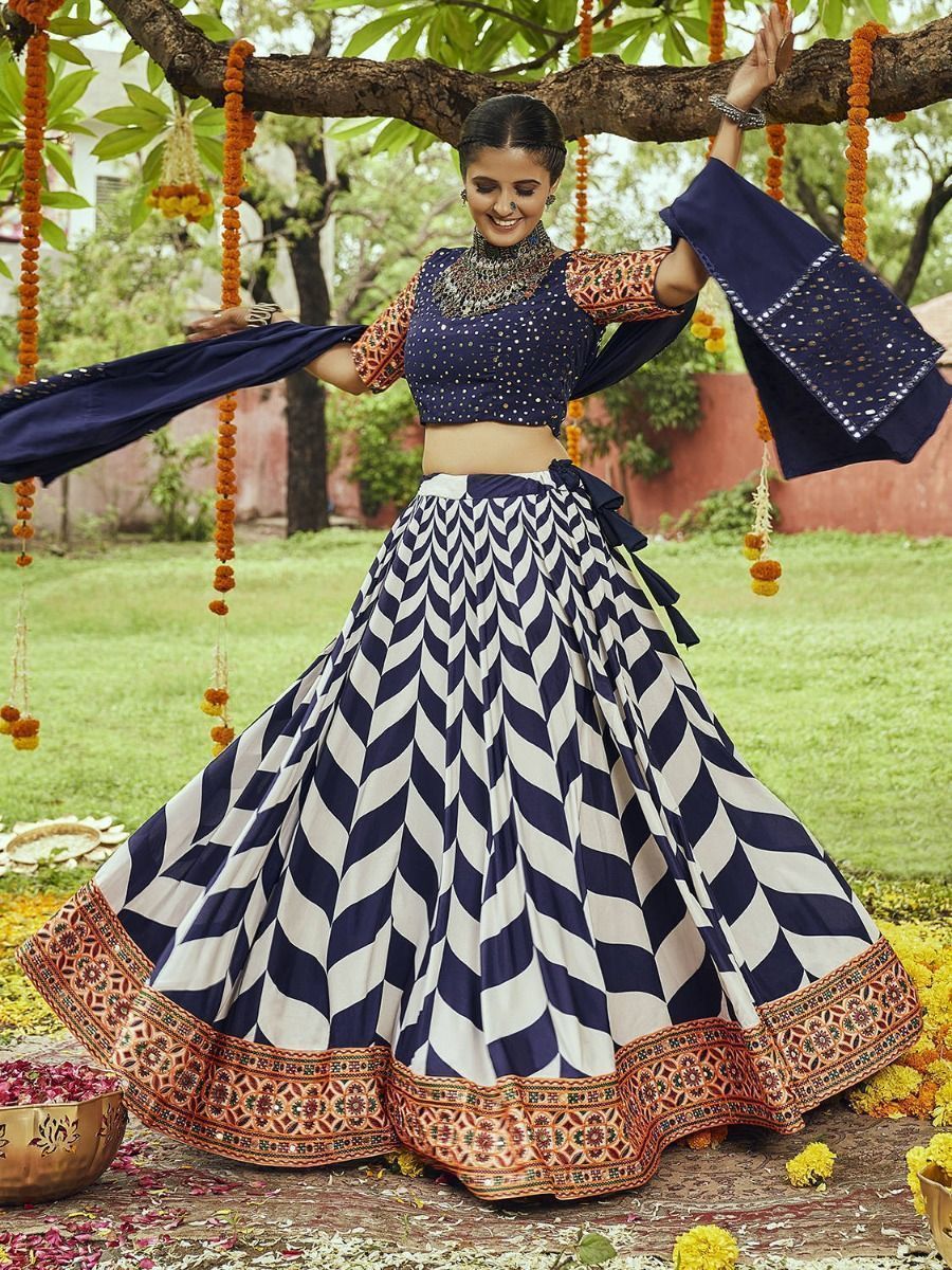 Navy Blue Embroidered Cotton Navratri Wear Lehenga Choli