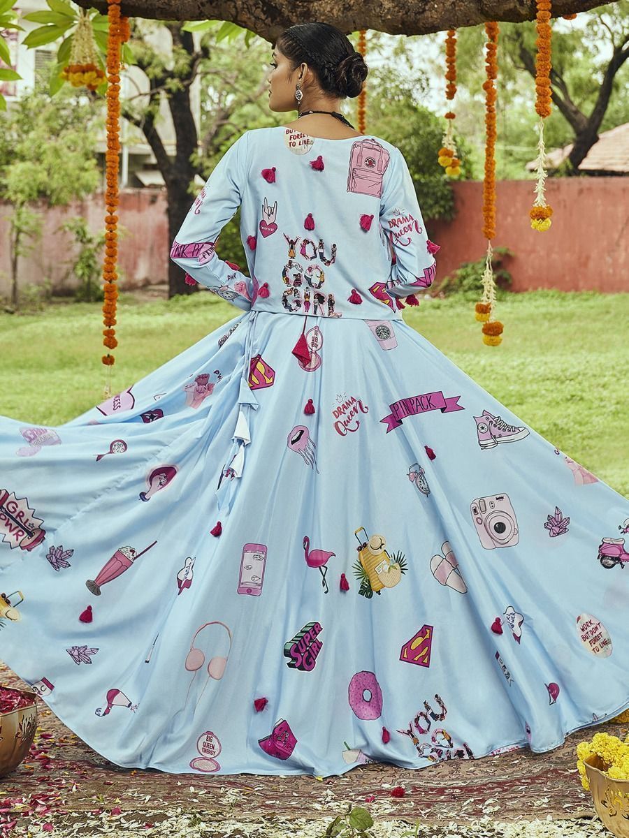 Sky Blue & Pink Embroidered Cotton Navratri Wear Lehenga Choli