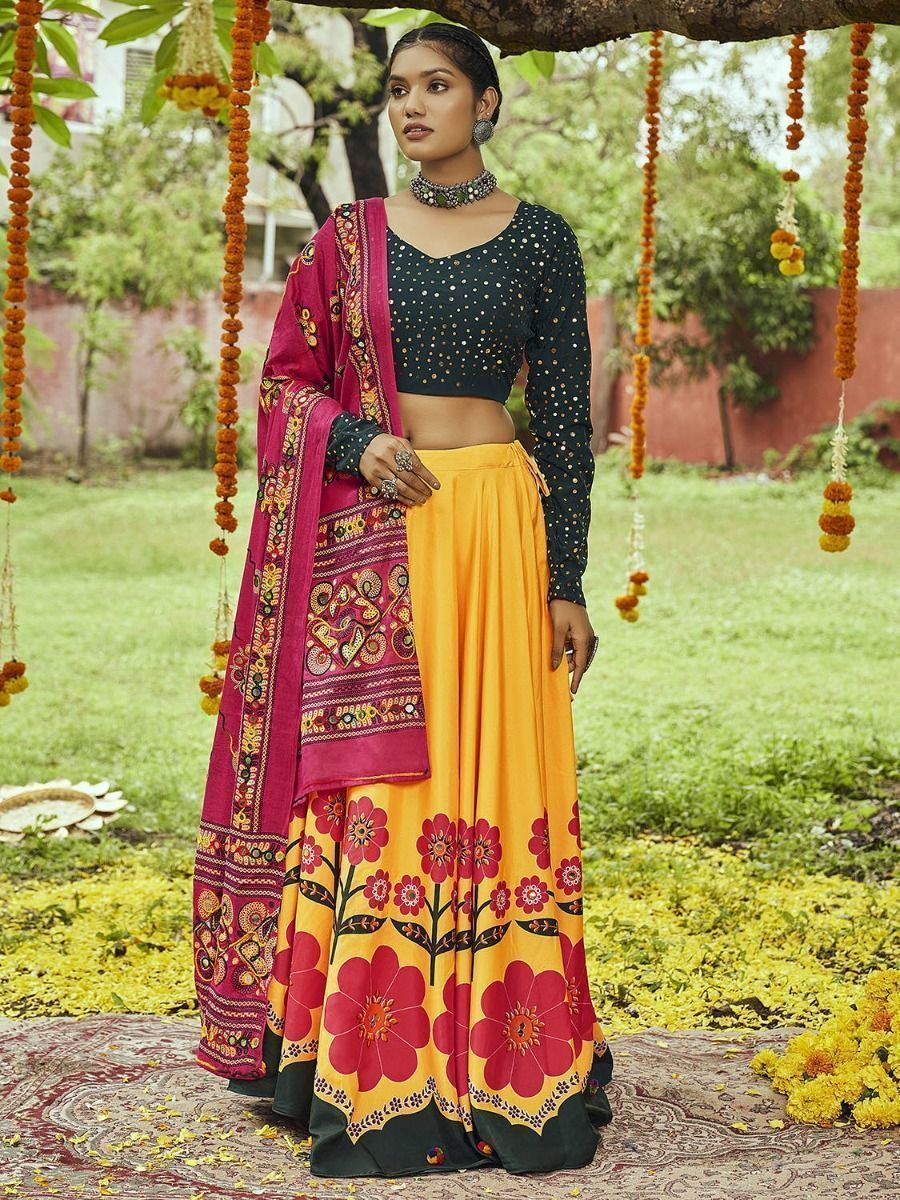 Yellow & Green Embroidered Cotton Navratri Wear Lehenga Choli