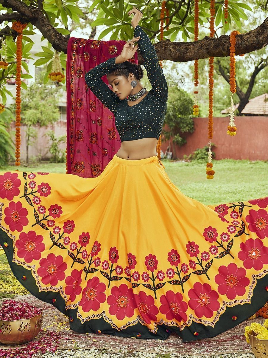 Yellow & Green Embroidered Cotton Navratri Wear Lehenga Choli