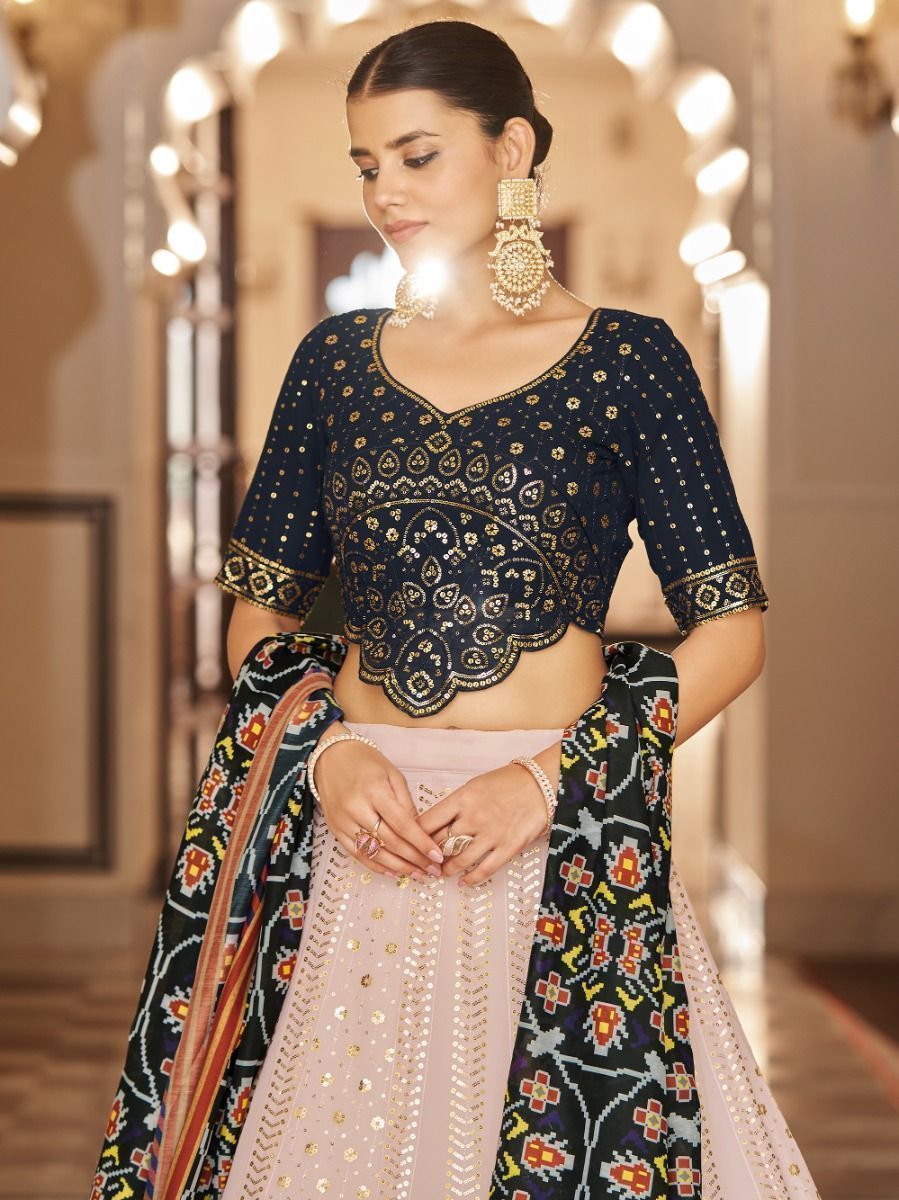 Light Pink And Black Embroidered Georgette Lehenga Choli