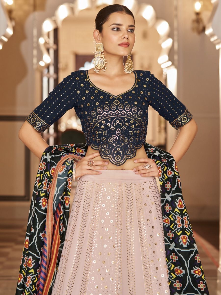 Light Pink And Black Embroidered Georgette Lehenga Choli