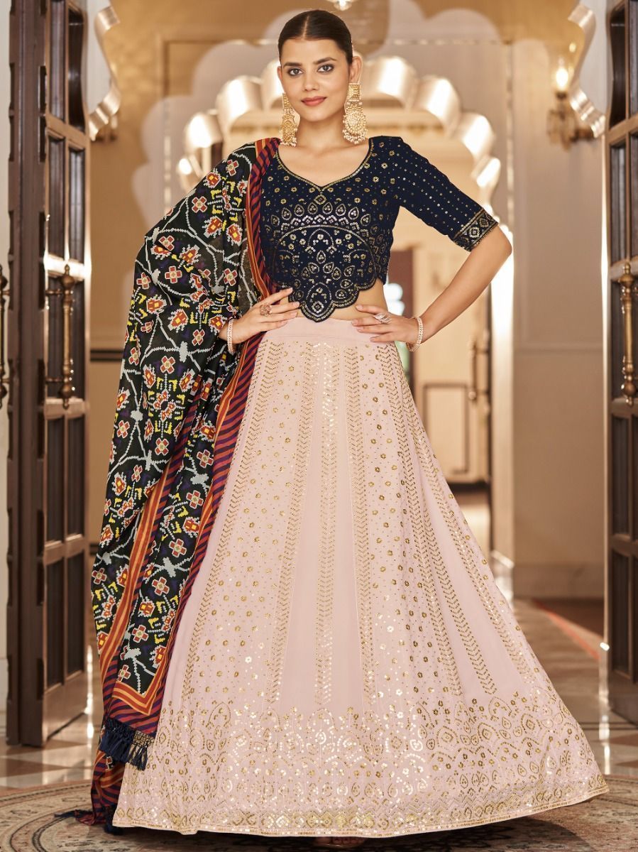 Pink And Yellow Embroidered Georgette Lehenga Choli